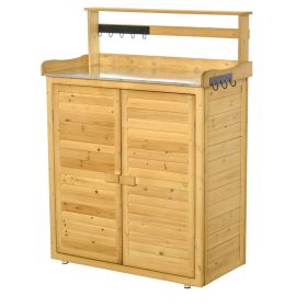 Wooden Potting Bench 3-Tier Storage Cabinet Work Station Table Lockable Organizer with Magnetic Latch Hooks Foot Pads 34.25"L Yellow